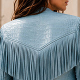 Women's Croc Embossed Fringe Leather Jacket
Luxury Ice Blue Leather Jacket
Premium Crocodile Embossed Leather
Handcrafted Fringe Leather Jacket
Luxury Western Leather Fashion
Genuine Cowhide Leather Jacket
Premium Fringe Craftsmanship
Crocodile Leather Texture Close-Up
Shoulder Fringe Detail
Front Fringe Detail
Back Fringe Detail
Premium Leather Sleeve Detail
Luxury Editorial Leather Style
Designer Western Fringe Jacket
SaltCo Aurora Leather Collection