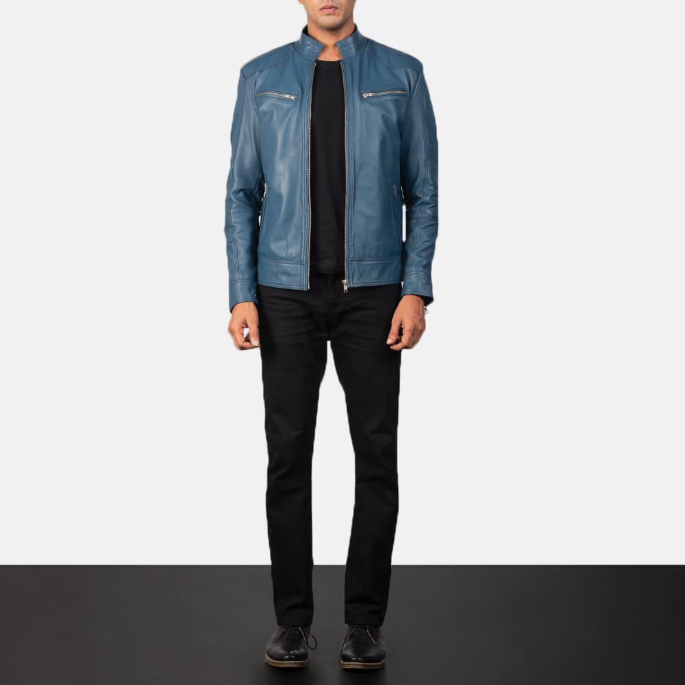 Malone Blue Leather Biker Jacket