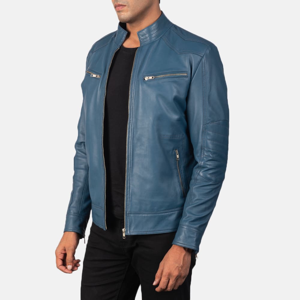 Malone Blue Leather Biker Jacket