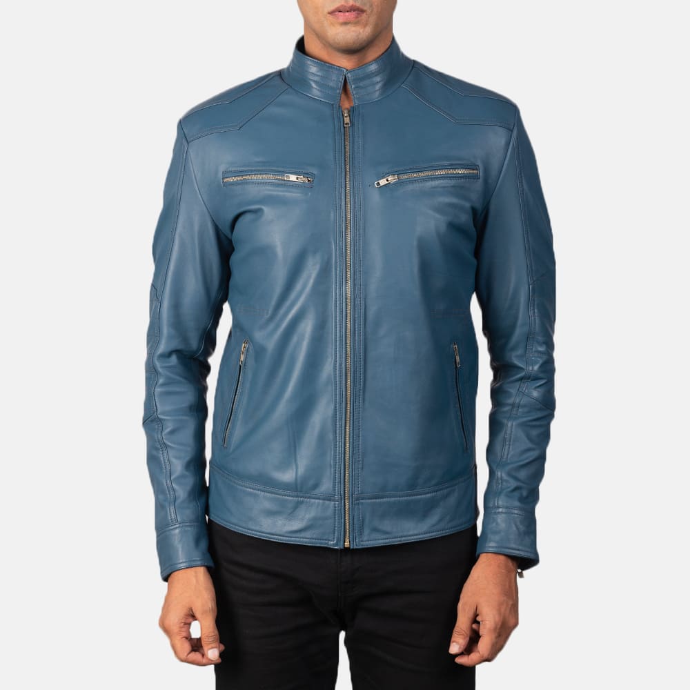 Malone Blue Leather Biker Jacket