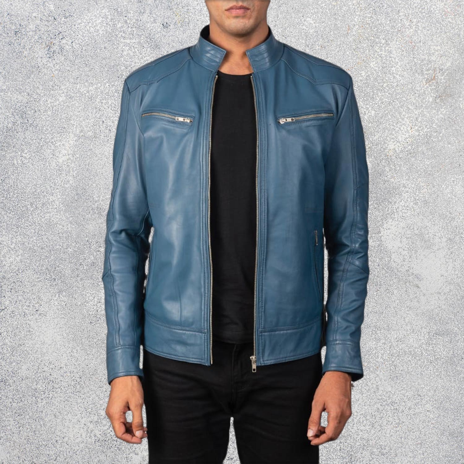 Malone Blue Leather Biker Jacket