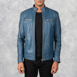 Malone Blue Leather Biker Jacket