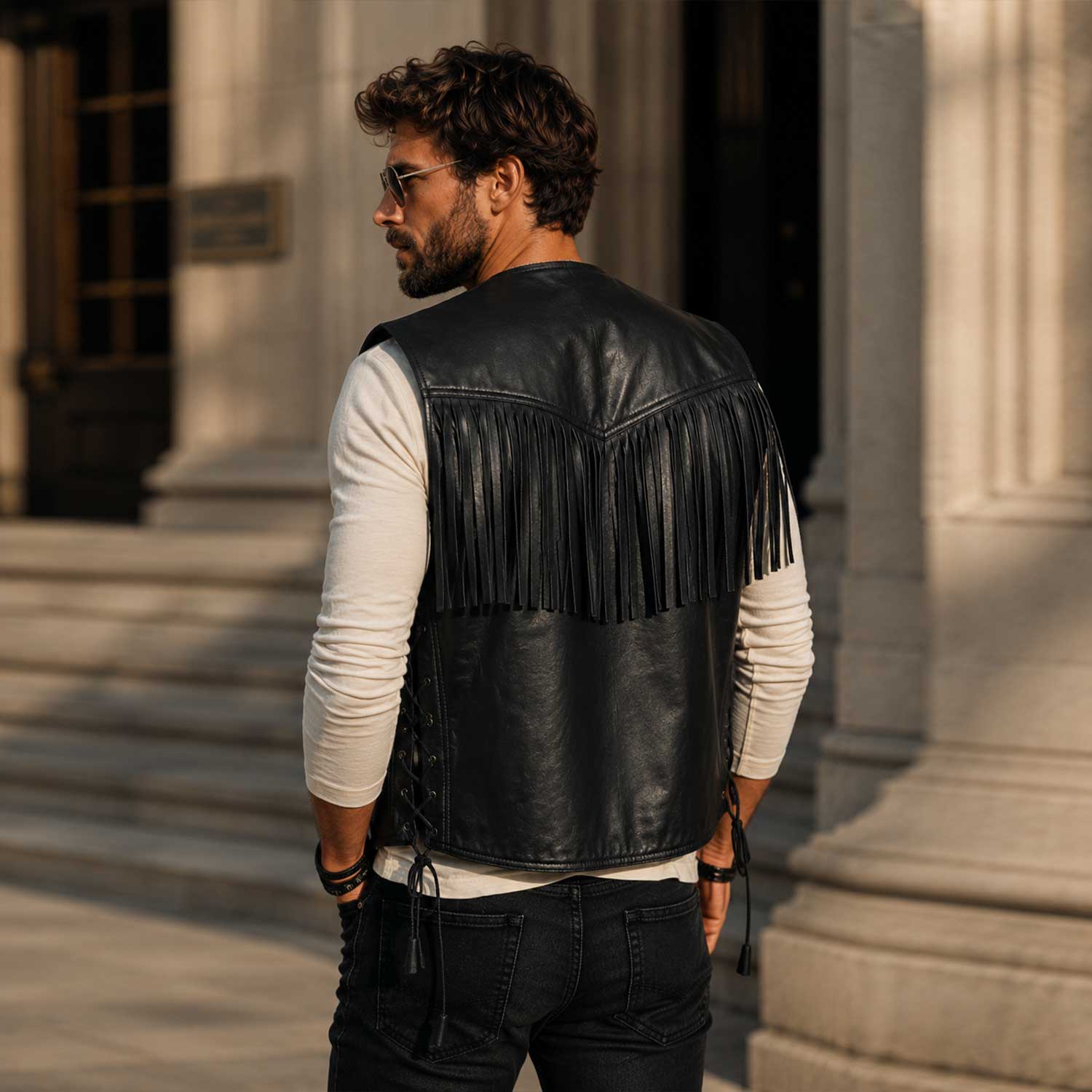 Western Fringe Black Sheepskin Leather Vest Back View