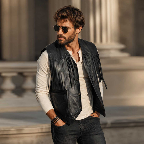 Mens Western Fringe Sheepskin Leather Vest Black Cowboy Waistcoat Front View