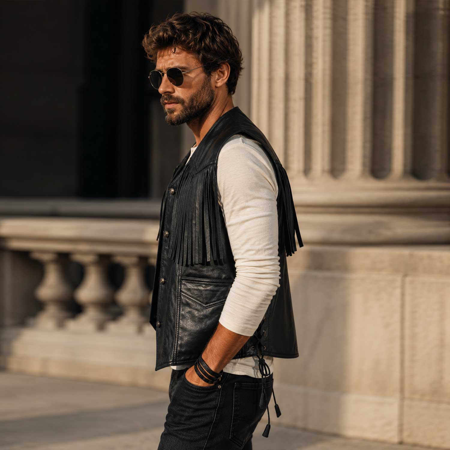 Black Sheepskin Leather Western Vest for Men with Fringe Detail