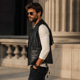 Black Sheepskin Leather Western Vest for Men with Fringe Detail