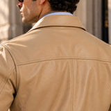 Men's Beige Genuine Sheepskin Leather Lightweight Snap Front Shirt Jacket
