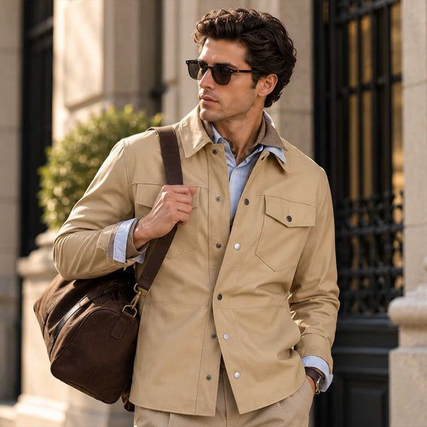 Men's Beige Genuine Sheepskin Leather Lightweight Snap Front Shirt Jacket