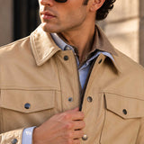 Men's Beige Genuine Sheepskin Leather Lightweight Snap Front Shirt Jacket
