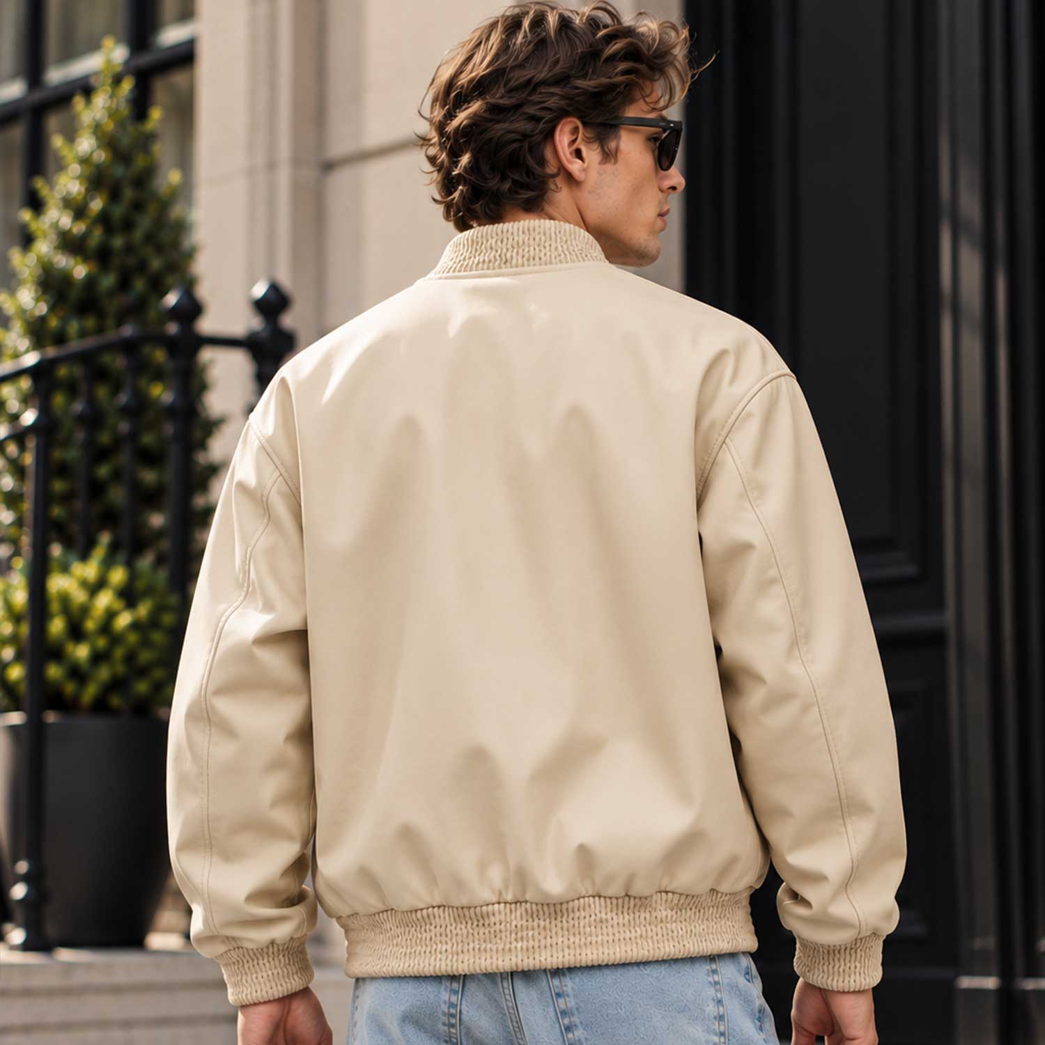 mens leather jacket
sheepskin jacket
leather bomber
beige leather
oversized bomber
mens bomber jacket
genuine leather
cream bomber
varsity jacket
button up jacket
leather outerwear
mens streetwear
minimalist jacket