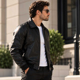 mens leather jacket
sheepskin jacket
leather bomber
black leather
mens bomber jacket
genuine leather
black bomber
zip up jacket
collared jacket
leather outerwear
mens casual jacket
minimalist jacket
classic bomber