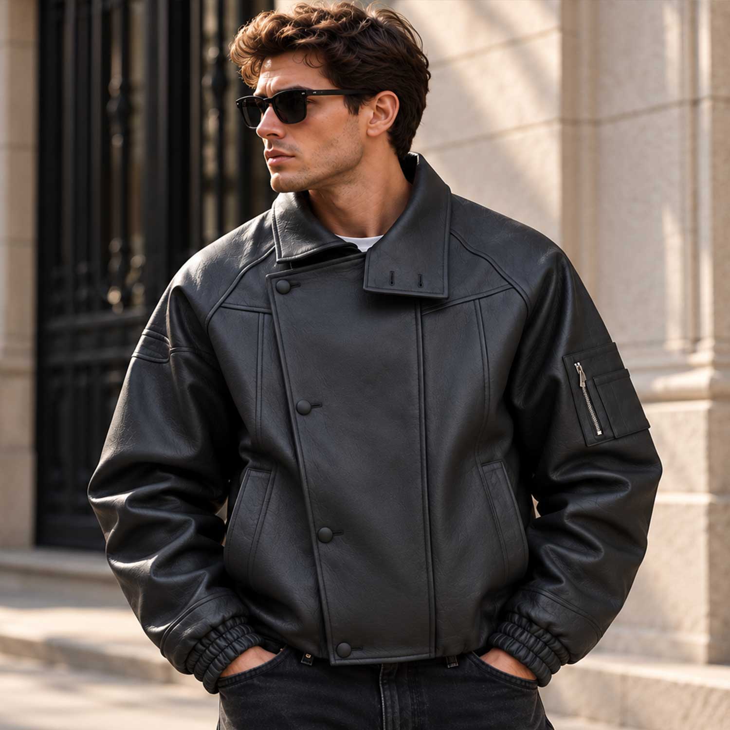 mens leather jacket

sheepskin jacket

black biker jacket

boxy fit jacket

funnel neck jacket

genuine leather

mens moto jacket

leather bomber

mens streetwear

black leather coat

leather outerwear

mens fall jacket

high collar jacket