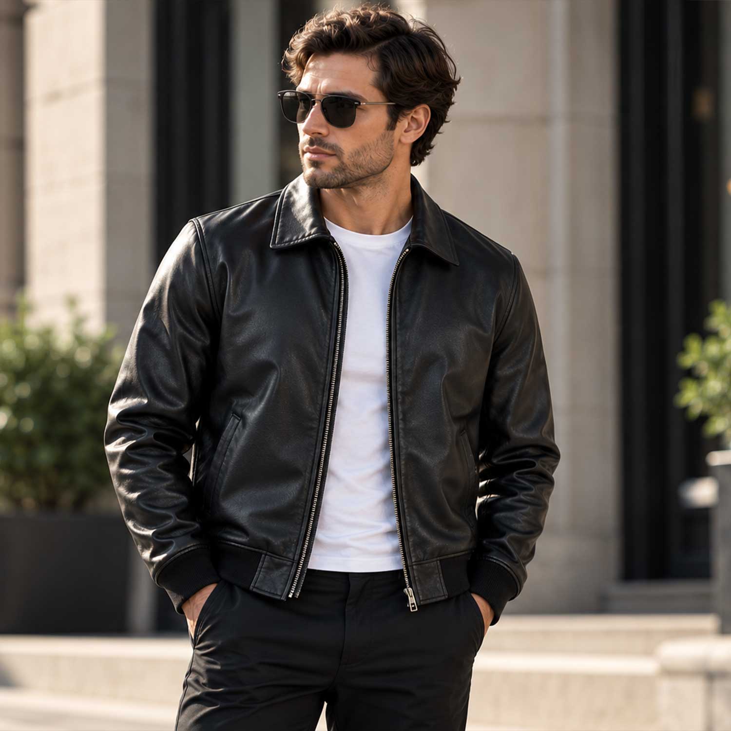 mens leather jacket
sheepskin jacket
leather bomber
black leather
mens bomber jacket
genuine leather
black bomber
zip up jacket
collared jacket
leather outerwear
mens casual jacket
minimalist jacket
classic bomber