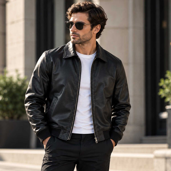 mens leather jacket
sheepskin jacket
leather bomber
black leather
mens bomber jacket
genuine leather
black bomber
zip up jacket
collared jacket
leather outerwear
mens casual jacket
minimalist jacket
classic bomber