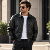 mens leather jacket
sheepskin jacket
leather bomber
black leather
mens bomber jacket
genuine leather
black bomber
zip up jacket
collared jacket
leather outerwear
mens casual jacket
minimalist jacket
classic bomber