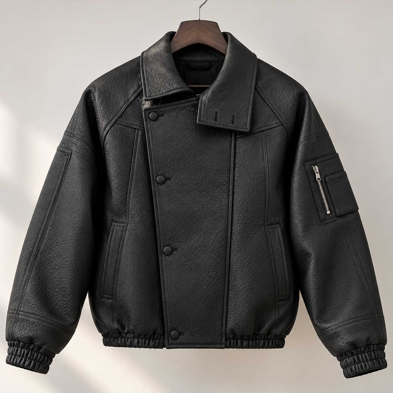 mens leather jacket

sheepskin jacket

black biker jacket

boxy fit jacket

funnel neck jacket

genuine leather

mens moto jacket

leather bomber

mens streetwear

black leather coat

leather outerwear

mens fall jacket

high collar jacket