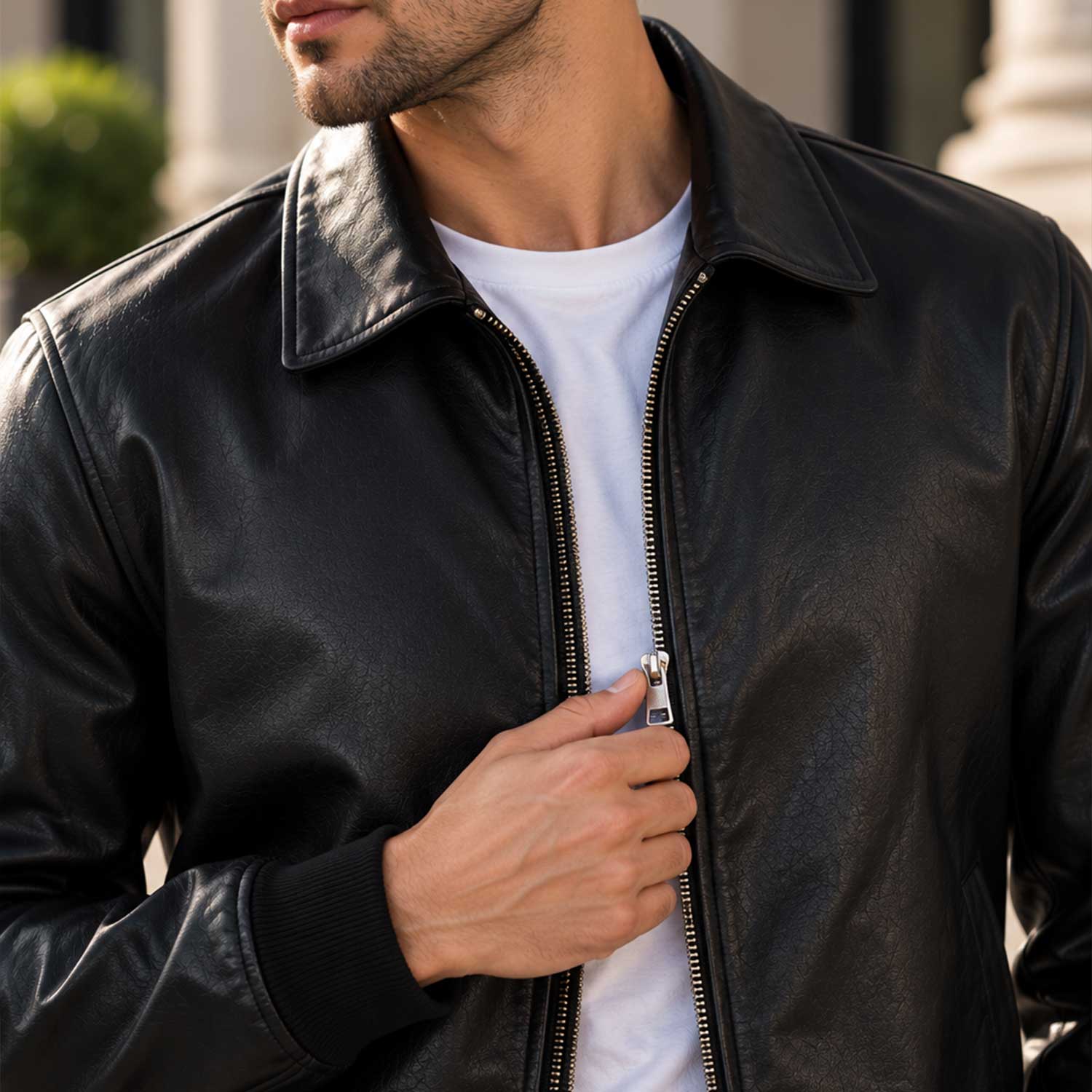 mens leather jacket
sheepskin jacket
leather bomber
black leather
mens bomber jacket
genuine leather
black bomber
zip up jacket
collared jacket
leather outerwear
mens casual jacket
minimalist jacket
classic bomber