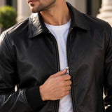 mens leather jacket
sheepskin jacket
leather bomber
black leather
mens bomber jacket
genuine leather
black bomber
zip up jacket
collared jacket
leather outerwear
mens casual jacket
minimalist jacket
classic bomber