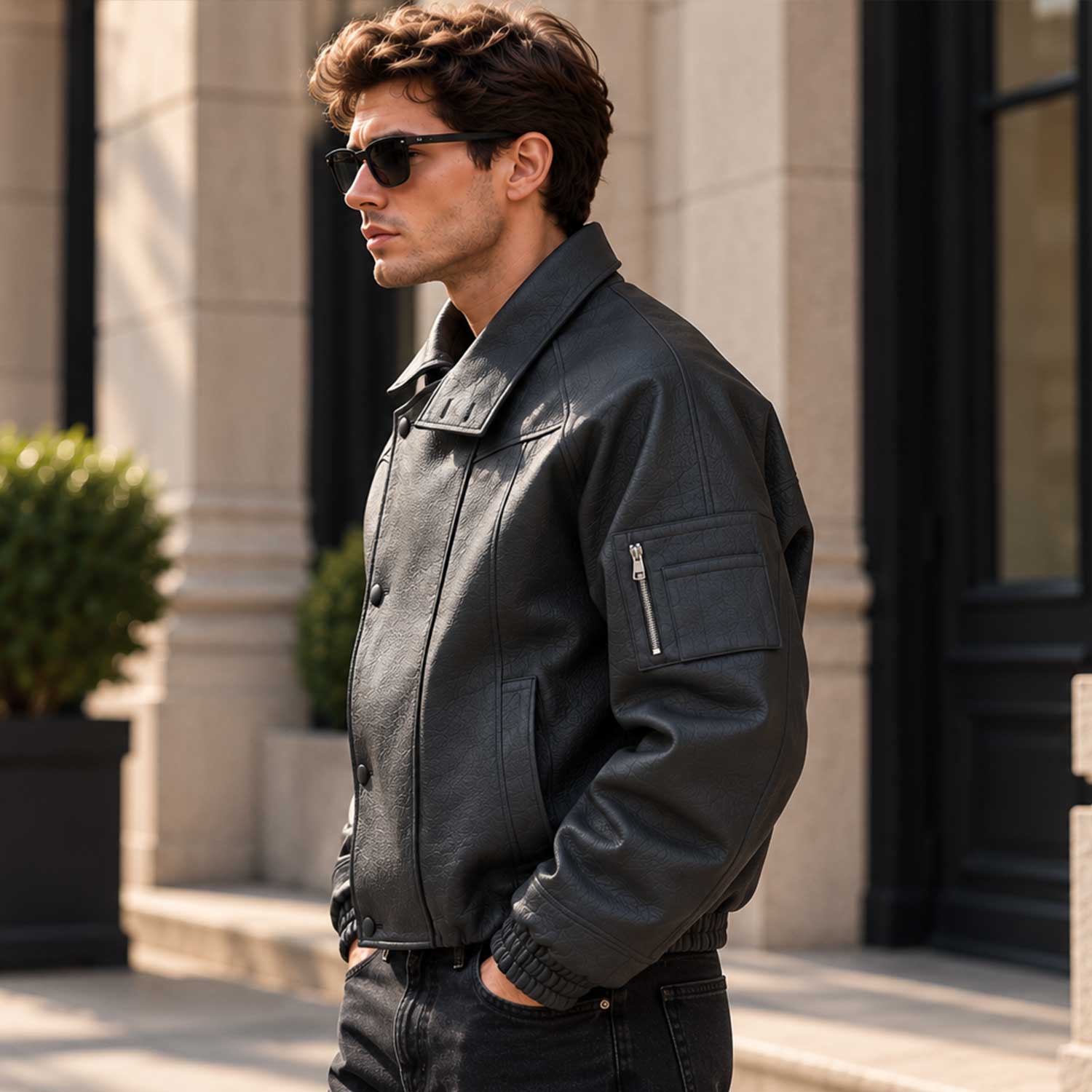 mens leather jacket

sheepskin jacket

black biker jacket

boxy fit jacket

funnel neck jacket

genuine leather

mens moto jacket

leather bomber

mens streetwear

black leather coat

leather outerwear

mens fall jacket

high collar jacket