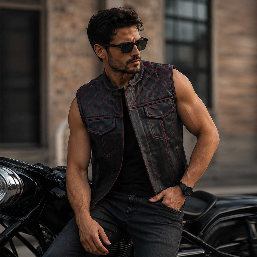 Men's Black Red Sheepskin Diamond Leather Vest | SaltCo Leather