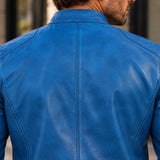 blue leather jacket, lambskin jacket, cafe racer jacket, mens biker jacket, sky blue jacket, real leather coat, distressed leather, leather moto jacket, mens leather coat, zipper jacket, biker fashion, mens streetwear, leather outerwear