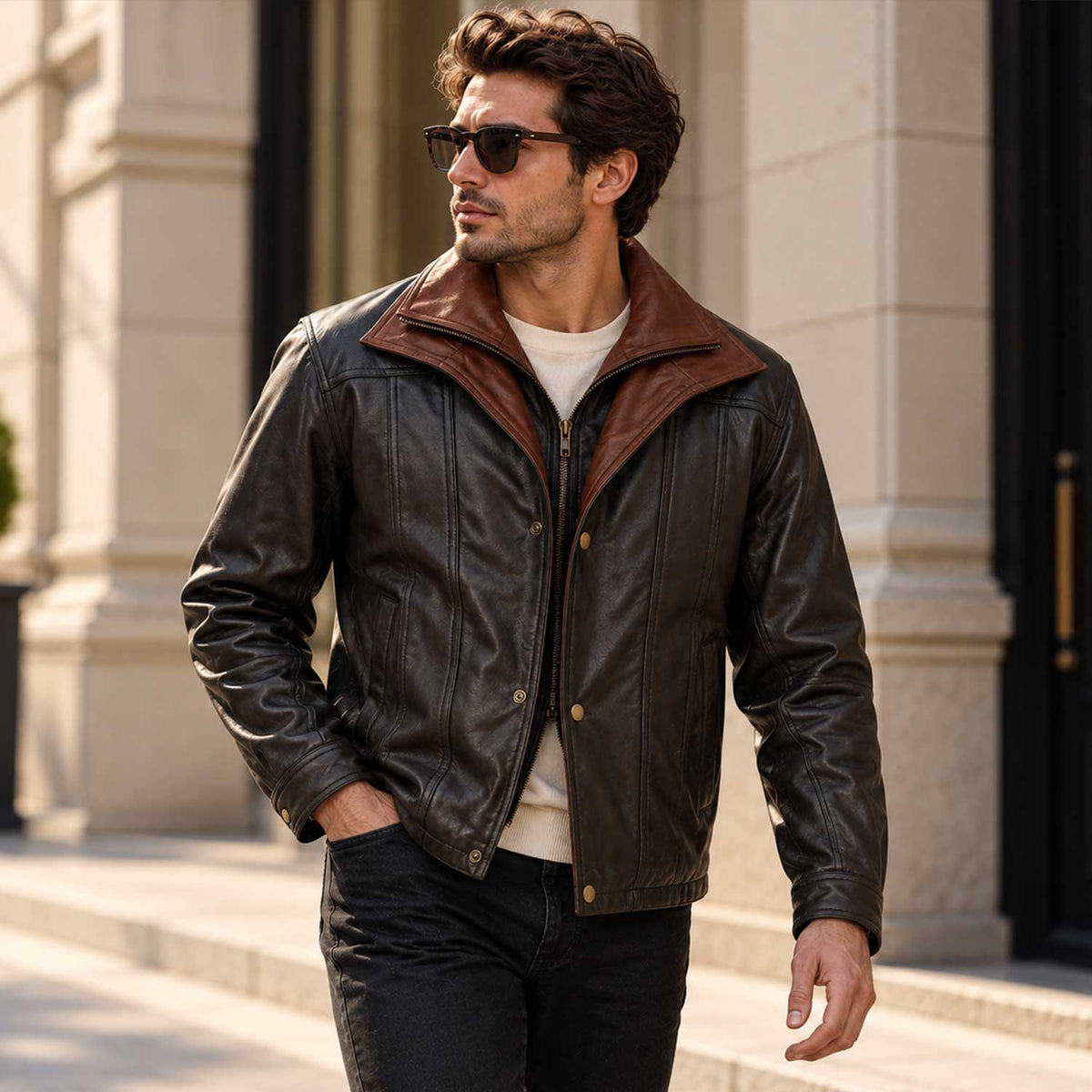 mens leather jacket

brown leather coat

sheepskin jacket

genuine leather

mens brown jacket

classic leather

leather outerwear

mens casual jacket

vintage style coat

leather zip jacket

shirt collar coat

mens fall jacket

leather gift for him