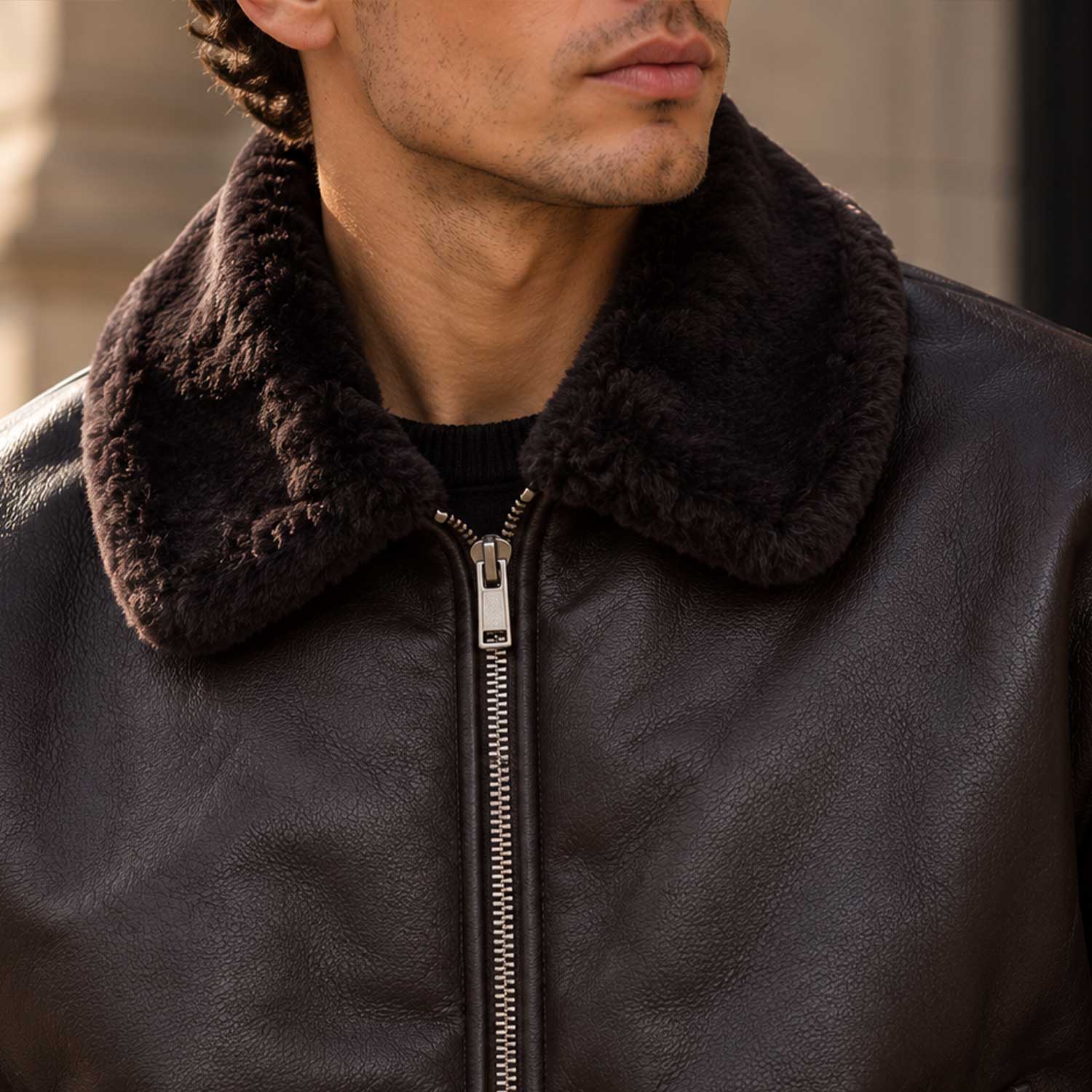 mens leather jacket

sheepskin jacket

chocolate brown

boxy leather jacket

faux fur collar

mens bomber jacket

aviator jacket

brown leather coat

genuine sheepskin

vintage flight coat

fur collar jacket

mens outerwear

leather zip jacket