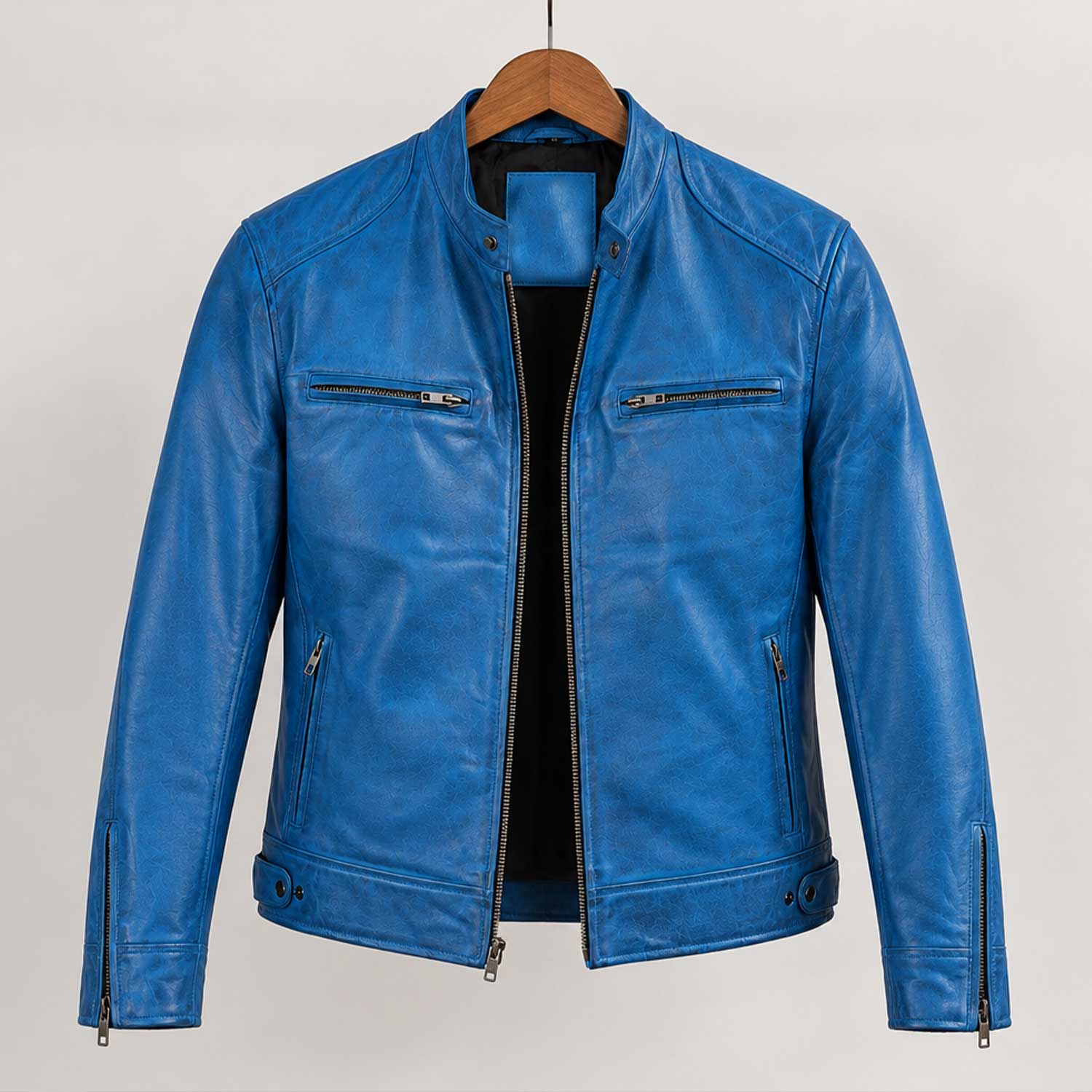 blue leather jacket, lambskin jacket, cafe racer jacket, mens biker jacket, sky blue jacket, real leather coat, distressed leather, leather moto jacket, mens leather coat, zipper jacket, biker fashion, mens streetwear, leather outerwear
