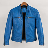 blue leather jacket, lambskin jacket, cafe racer jacket, mens biker jacket, sky blue jacket, real leather coat, distressed leather, leather moto jacket, mens leather coat, zipper jacket, biker fashion, mens streetwear, leather outerwear