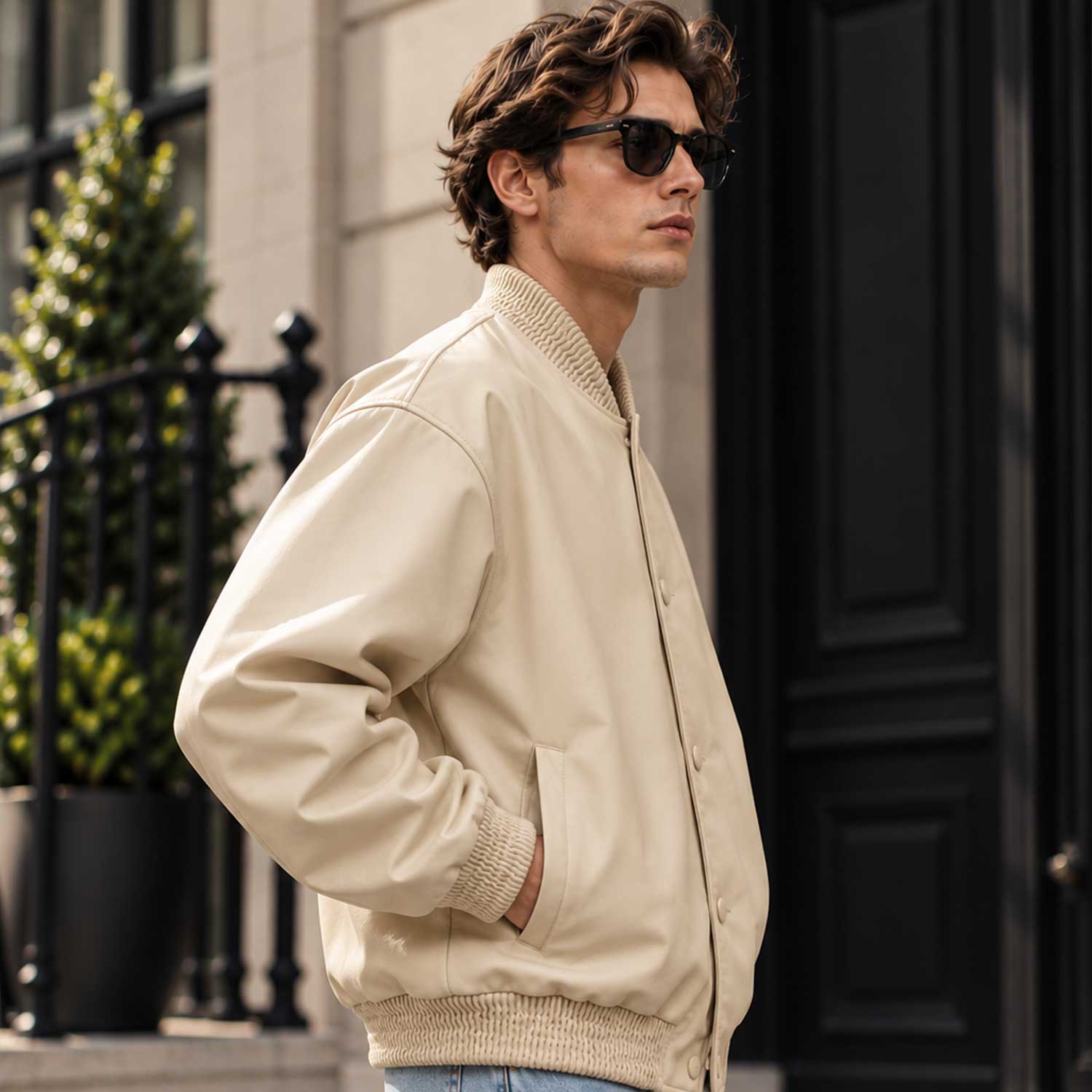 mens leather jacket
sheepskin jacket
leather bomber
beige leather
oversized bomber
mens bomber jacket
genuine leather
cream bomber
varsity jacket
button up jacket
leather outerwear
mens streetwear
minimalist jacket