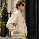 mens leather jacket
sheepskin jacket
leather bomber
beige leather
oversized bomber
mens bomber jacket
genuine leather
cream bomber
varsity jacket
button up jacket
leather outerwear
mens streetwear
minimalist jacket