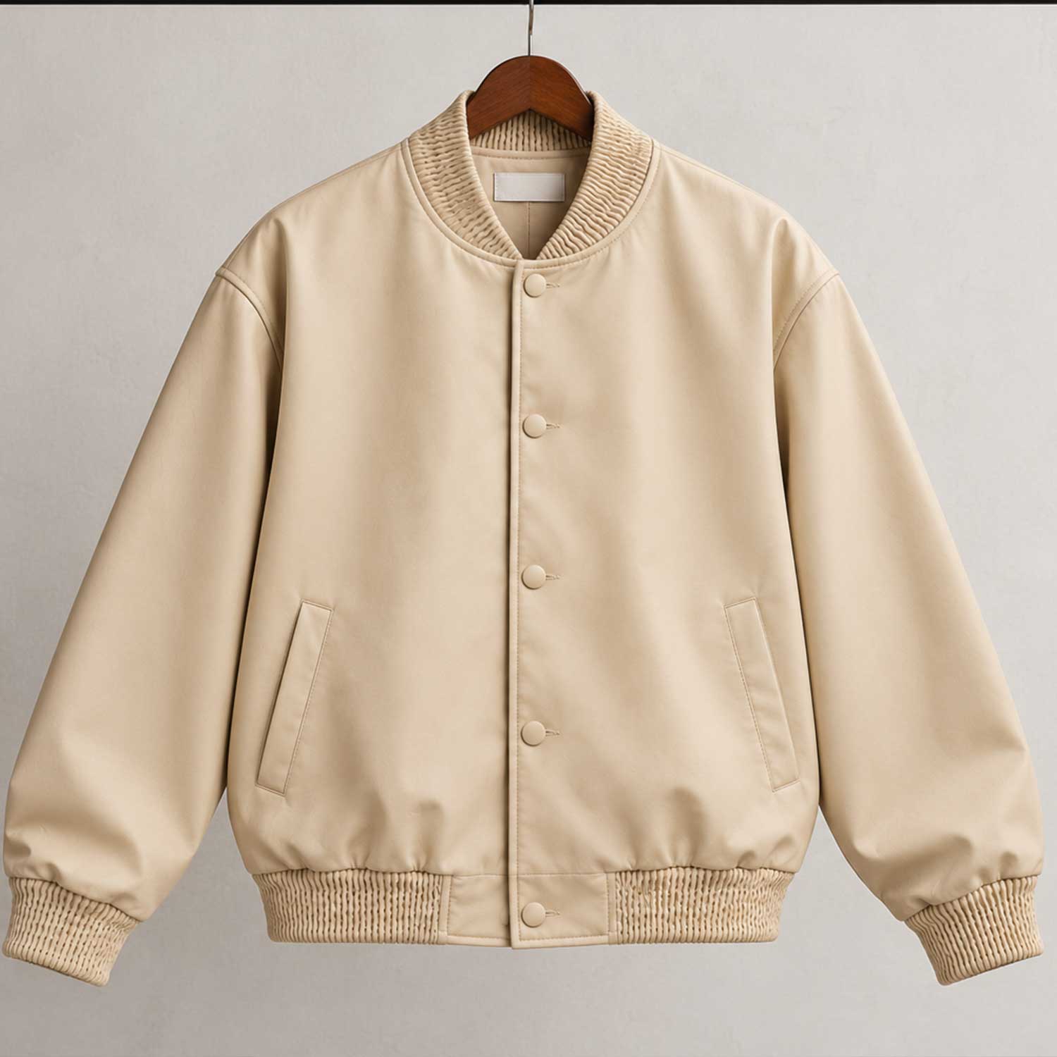 mens leather jacket
sheepskin jacket
leather bomber
beige leather
oversized bomber
mens bomber jacket
genuine leather
cream bomber
varsity jacket
button up jacket
leather outerwear
mens streetwear
minimalist jacket