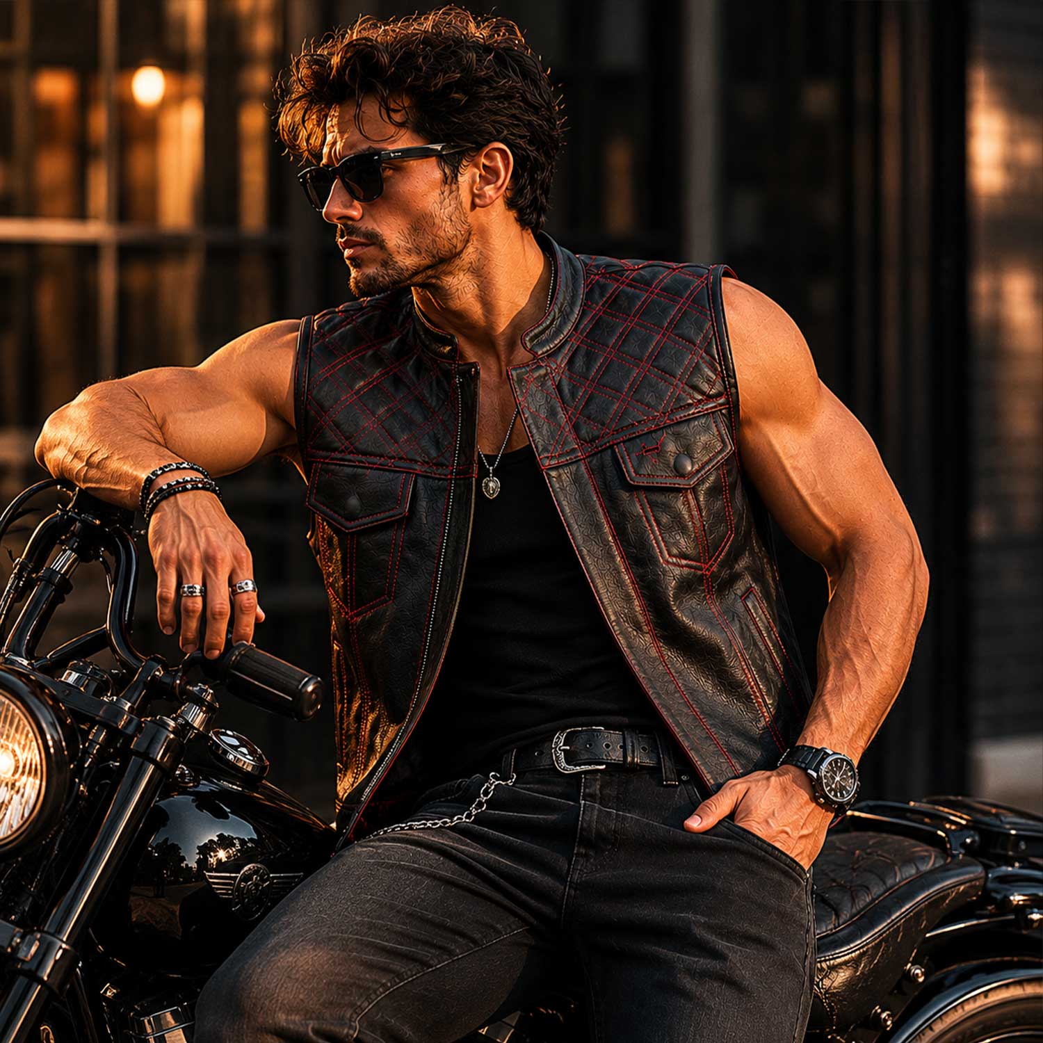 SaltCo Motorcycle Leather Vest Lifestyle Shot