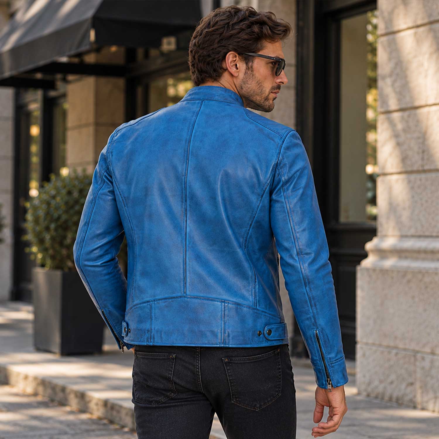 blue leather jacket, lambskin jacket, cafe racer jacket, mens biker jacket, sky blue jacket, real leather coat, distressed leather, leather moto jacket, mens leather coat, zipper jacket, biker fashion, mens streetwear, leather outerwear