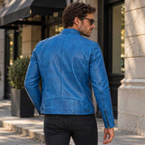 blue leather jacket, lambskin jacket, cafe racer jacket, mens biker jacket, sky blue jacket, real leather coat, distressed leather, leather moto jacket, mens leather coat, zipper jacket, biker fashion, mens streetwear, leather outerwear