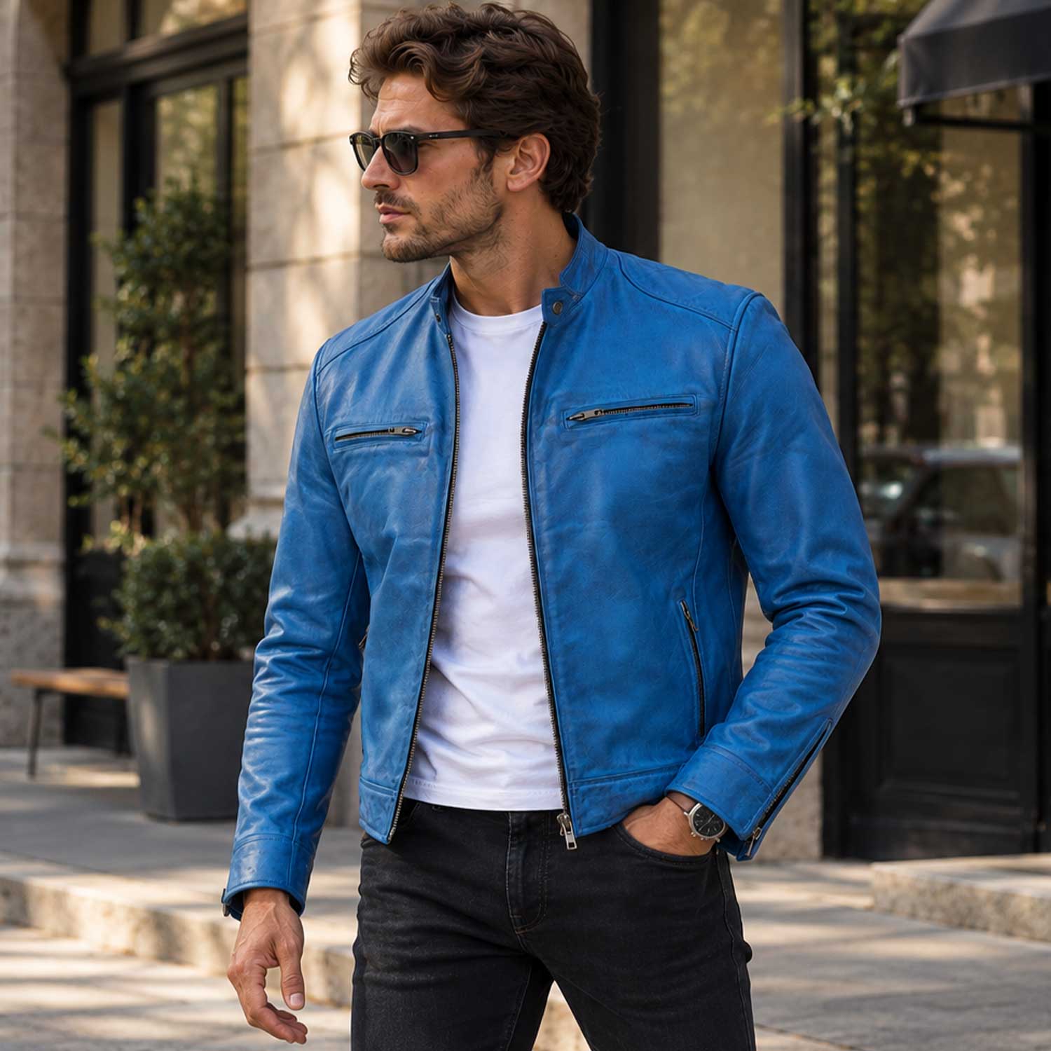 blue leather jacket, lambskin jacket, cafe racer jacket, mens biker jacket, sky blue jacket, real leather coat, distressed leather, leather moto jacket, mens leather coat, zipper jacket, biker fashion, mens streetwear, leather outerwear