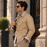 Men's Beige Genuine Sheepskin Leather Lightweight Snap Front Shirt Jacket