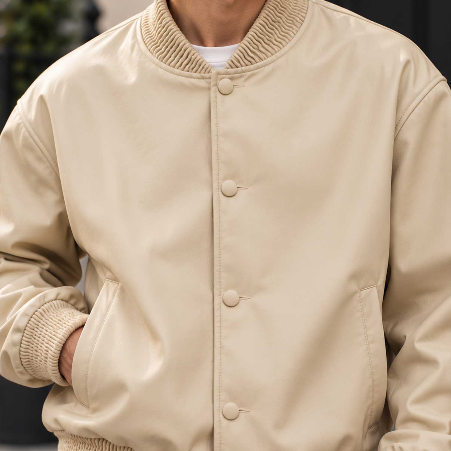 mens leather jacket
sheepskin jacket
leather bomber
beige leather
oversized bomber
mens bomber jacket
genuine leather
cream bomber
varsity jacket
button up jacket
leather outerwear
mens streetwear
minimalist jacket
