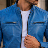 blue leather jacket, lambskin jacket, cafe racer jacket, mens biker jacket, sky blue jacket, real leather coat, distressed leather, leather moto jacket, mens leather coat, zipper jacket, biker fashion, mens streetwear, leather outerwear