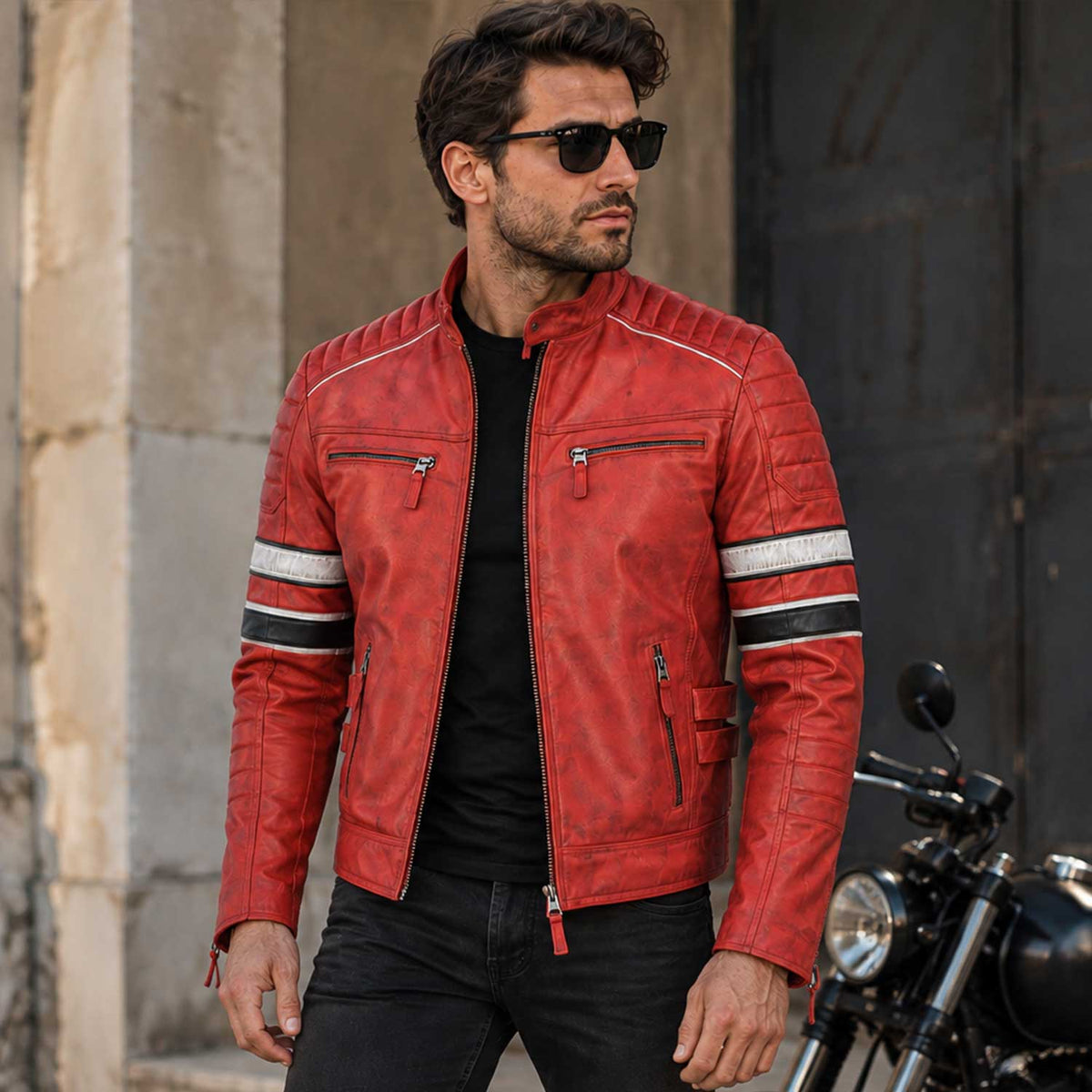 A man wearing a red leather motorcycle jacket with white and black striped sleeve details, styled with a black t-shirt and black jeans, standing next to a motorcycle.