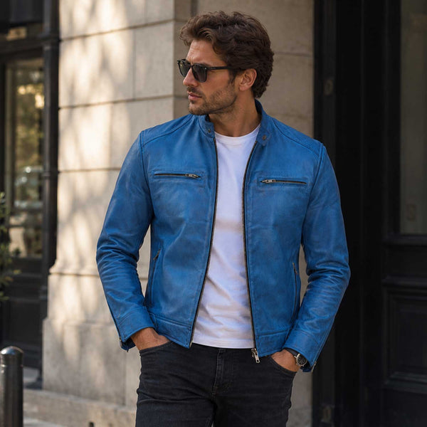 blue leather jacket, lambskin jacket, cafe racer jacket, mens biker jacket, sky blue jacket, real leather coat, distressed leather, leather moto jacket, mens leather coat, zipper jacket, biker fashion, mens streetwear, leather outerwear