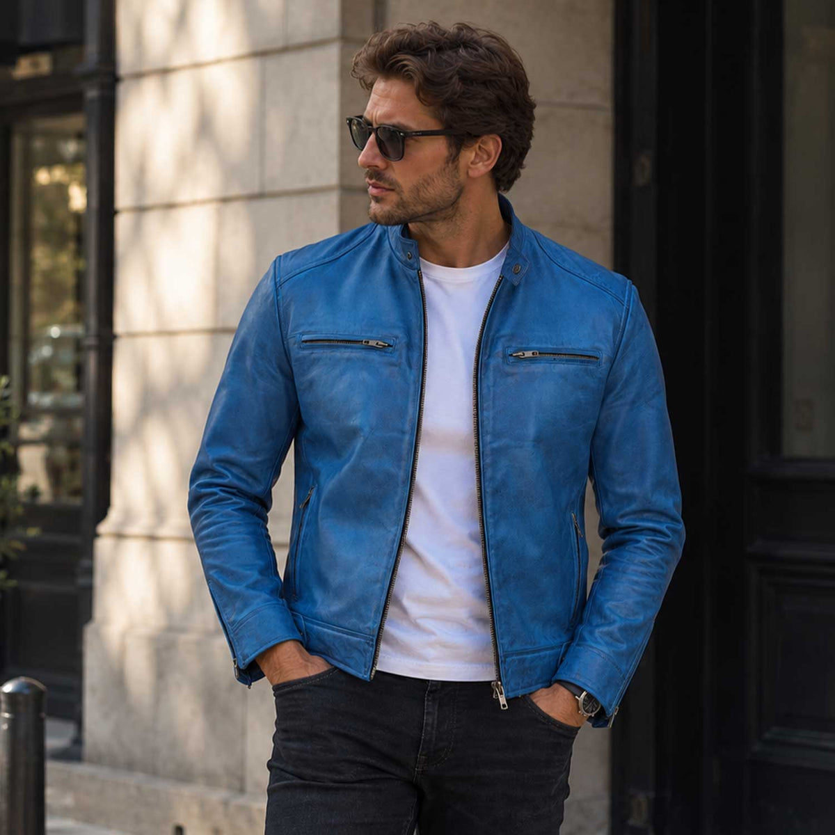 blue leather jacket, lambskin jacket, cafe racer jacket, mens biker jacket, sky blue jacket, real leather coat, distressed leather, leather moto jacket, mens leather coat, zipper jacket, biker fashion, mens streetwear, leather outerwear