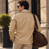 Men's Beige Genuine Sheepskin Leather Lightweight Snap Front Shirt Jacket