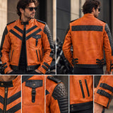 Orange Full Grain Cowhide Leather Men's Cafe Racer Handmade Biker Jacket