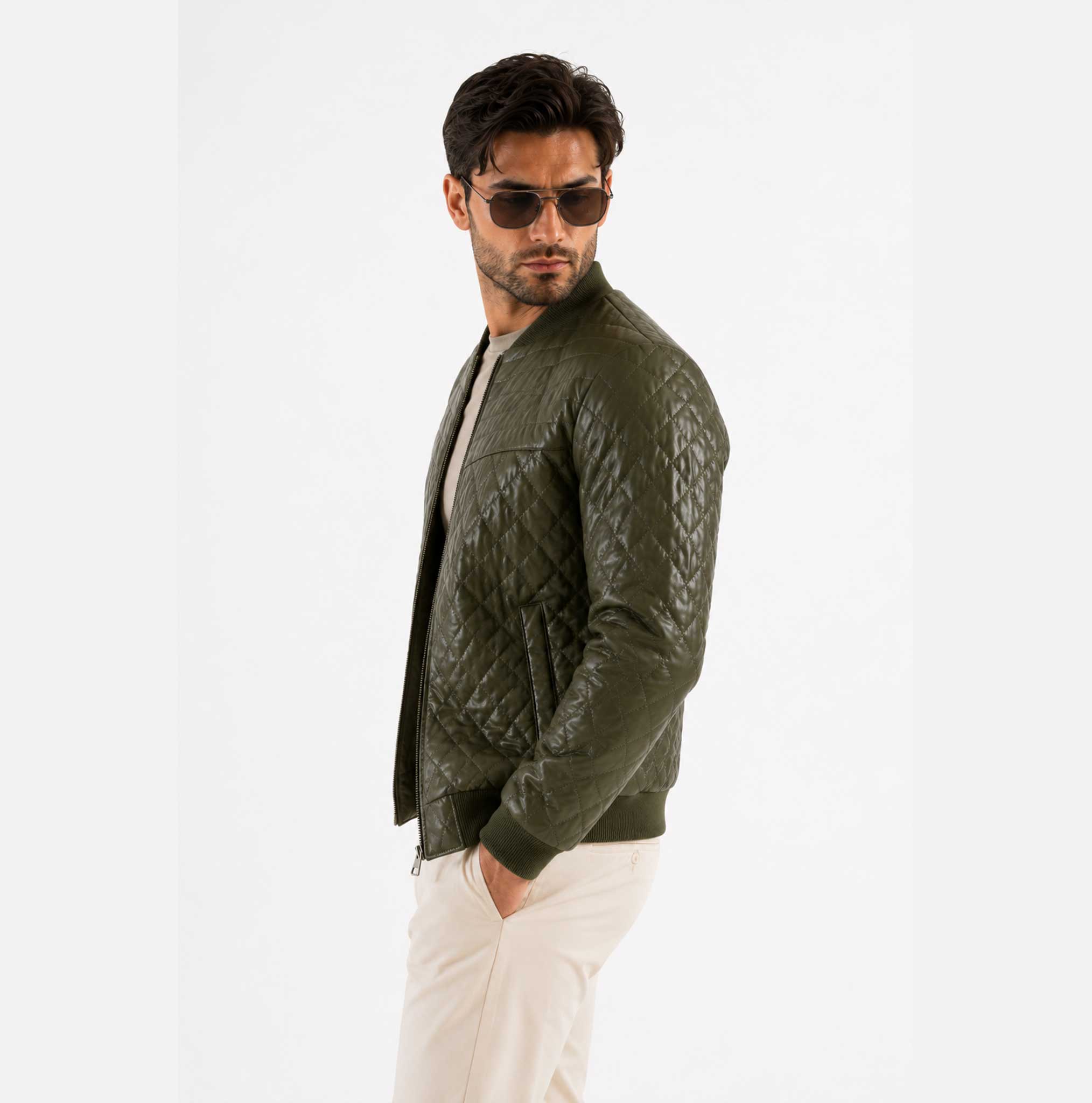 Refined, modern, and effortlessly stylish, the Velmori Olive Diamond Quilted Leather Bomber Jacket is crafted from premium genuine leather with a sophisticated quilted texture. Designed for men who appreciate luxury fashion and everyday versatility, this slim-fit bomber jacket delivers comfort, durability, and timeless appeal for casual and smart-casual wear.