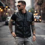 Black Calfskin Leather Moto Vest