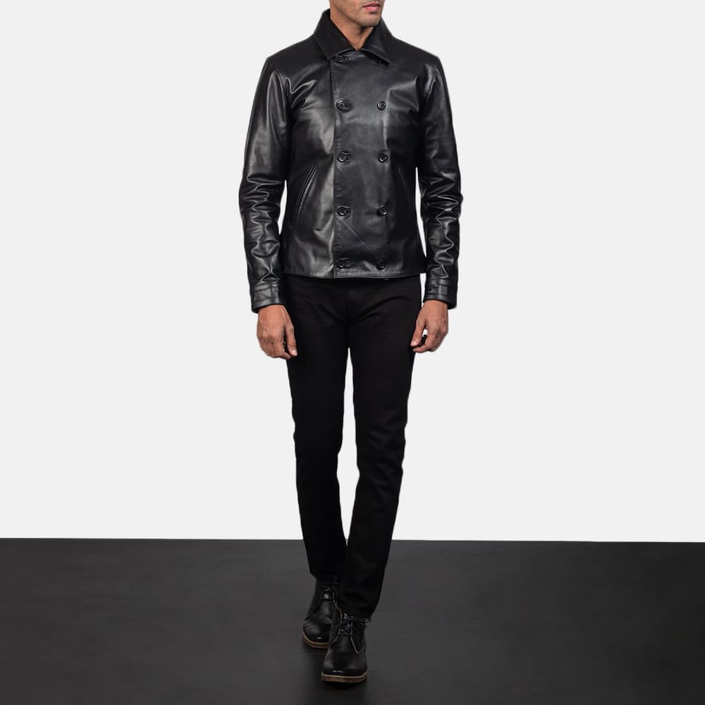 Morris Black Leather Peacoat