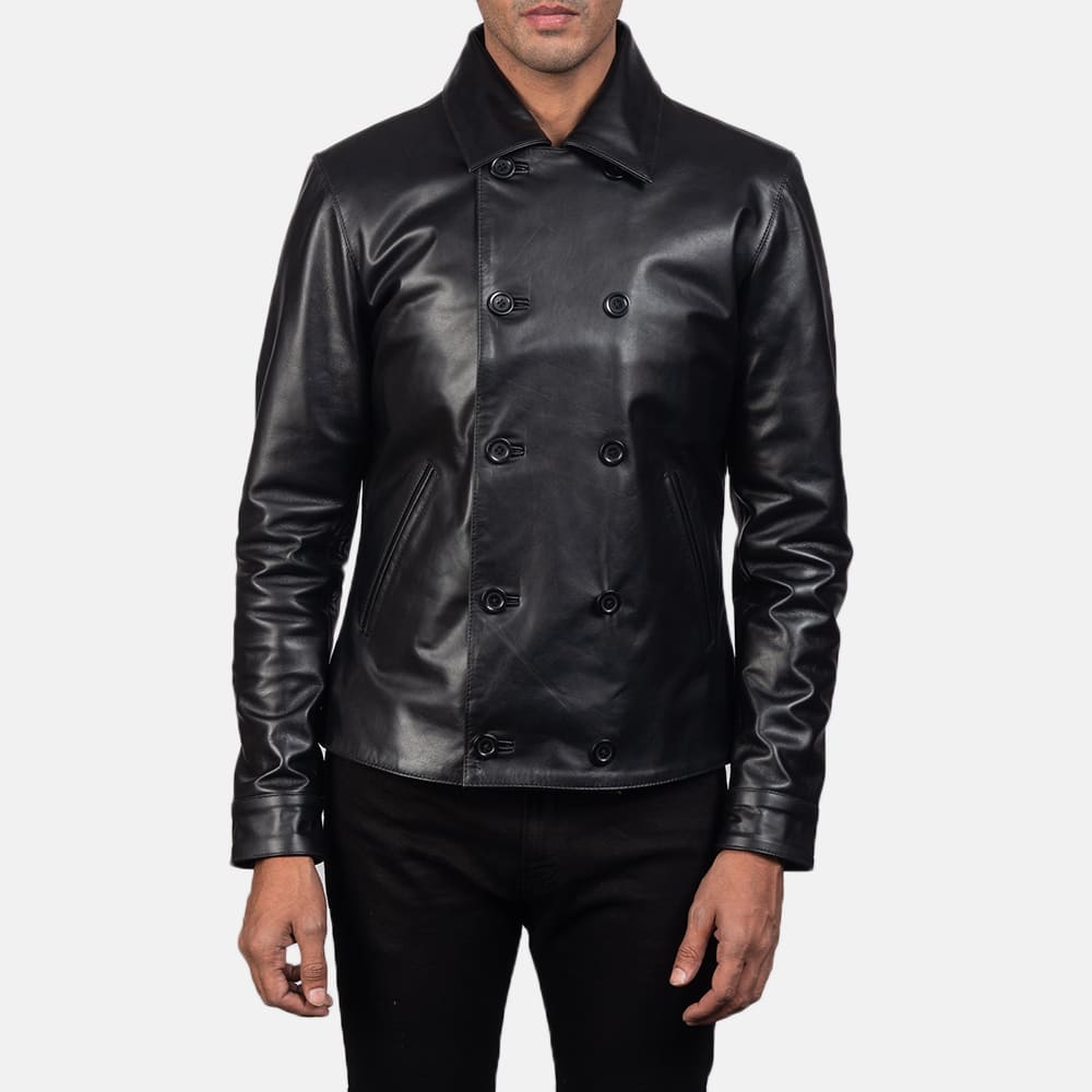 Morris Black Leather Peacoat