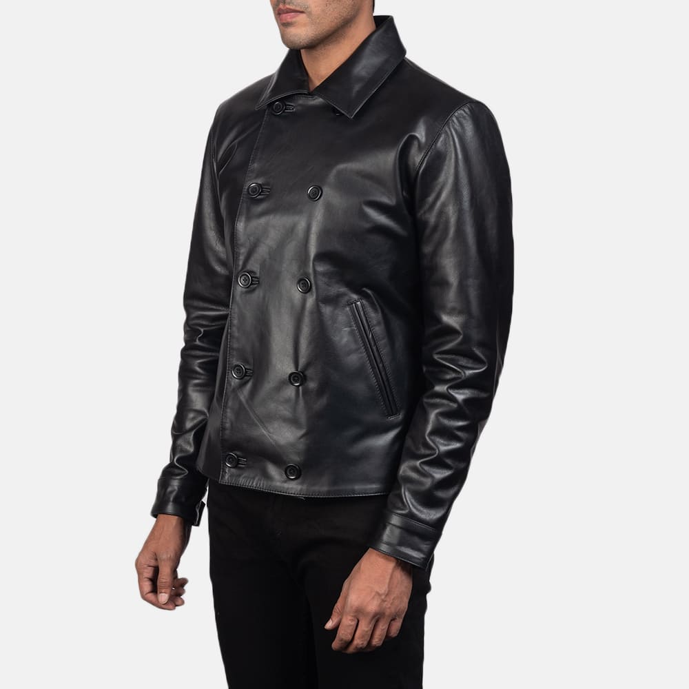 Morris Black Leather Peacoat