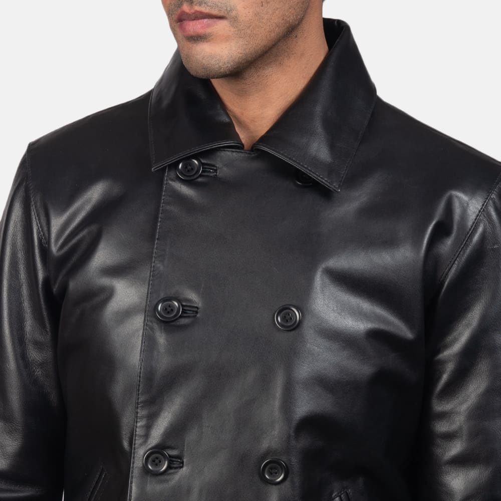 Morris Black Leather Peacoat